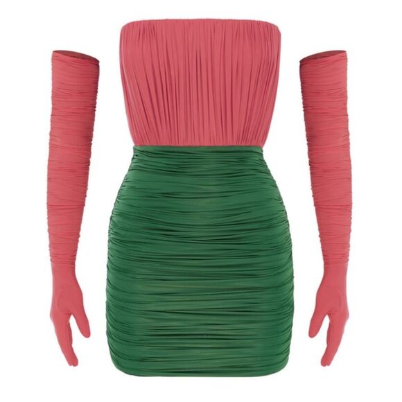 Alex Perry Ruched Strapless Jersey Pink and Green Mini Dress with Gloves Size 6 - Picture 6 of 13